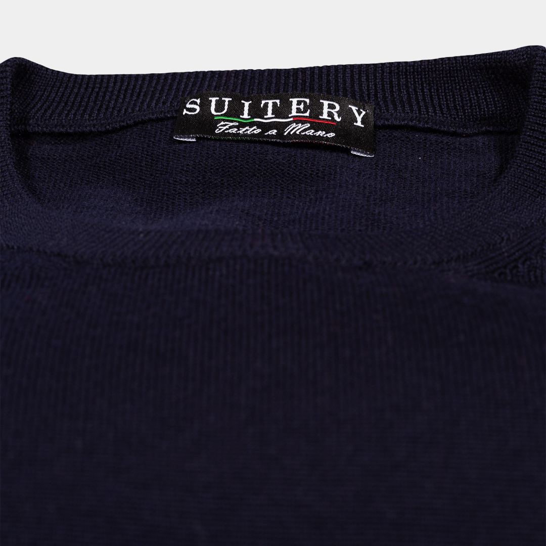 Rundhals Pullover Merinowolle Navy Made in Italy