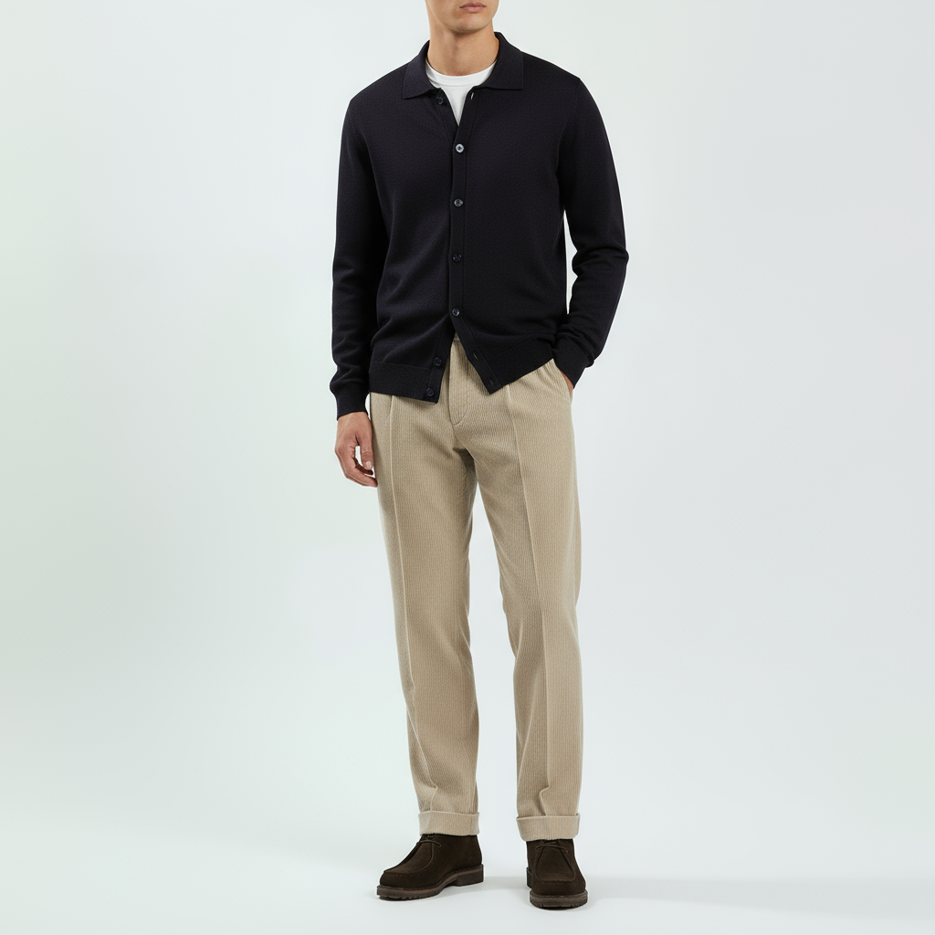 Strickjacke Hemdkragen Navy Merinowolle Made in Italy