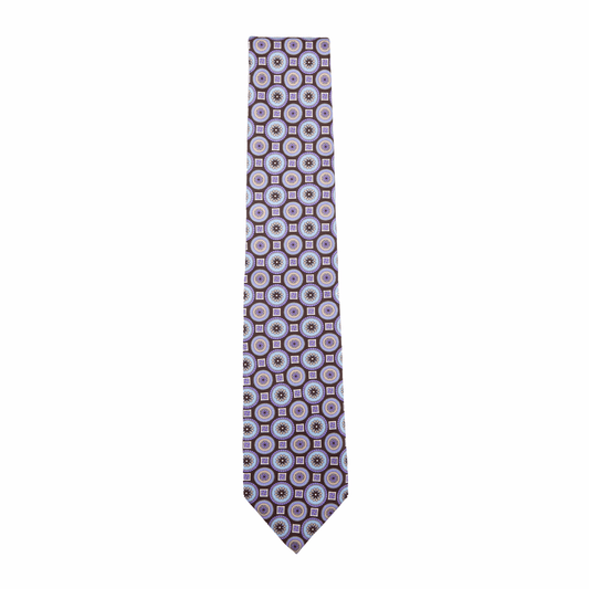Krawatte Seide Print Medallion Made in Italy Lila Light Blue