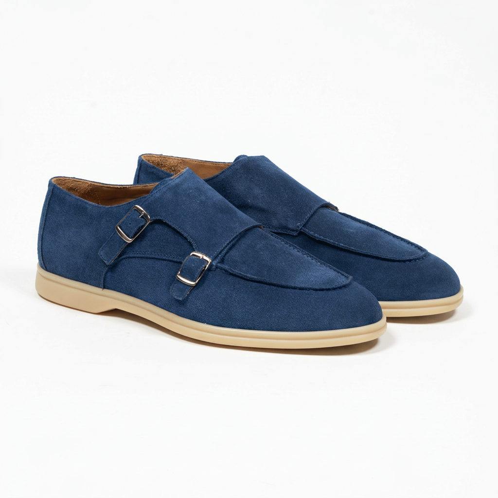 Double Monk Velours Leder Blue