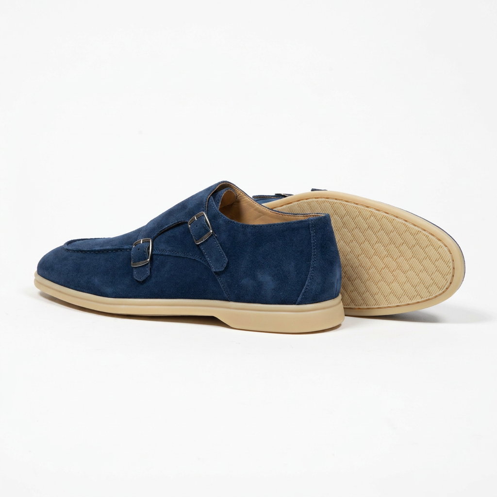 Double Monk Velours Leder Blue