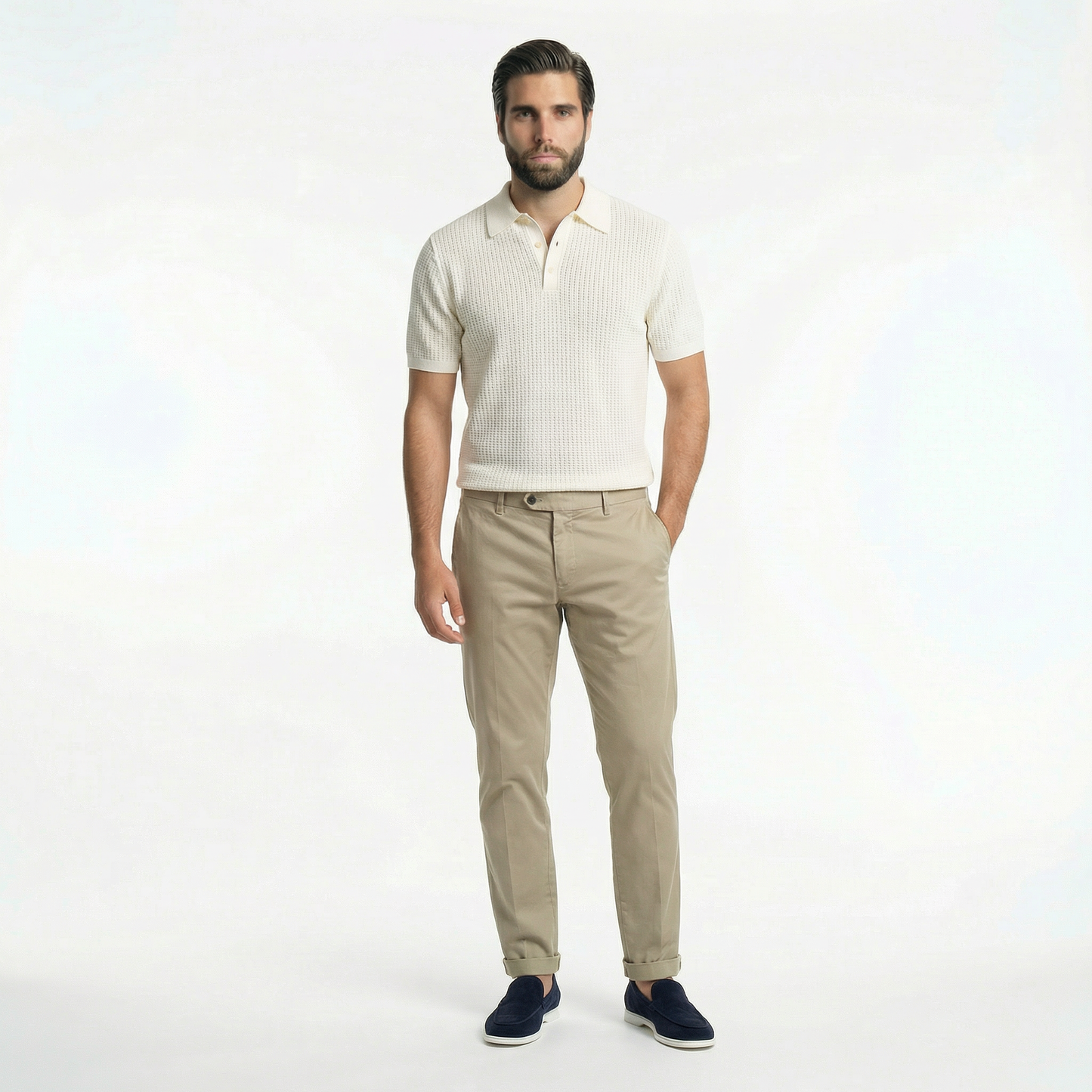 Polo Shirt Off-White Knitted Crochet