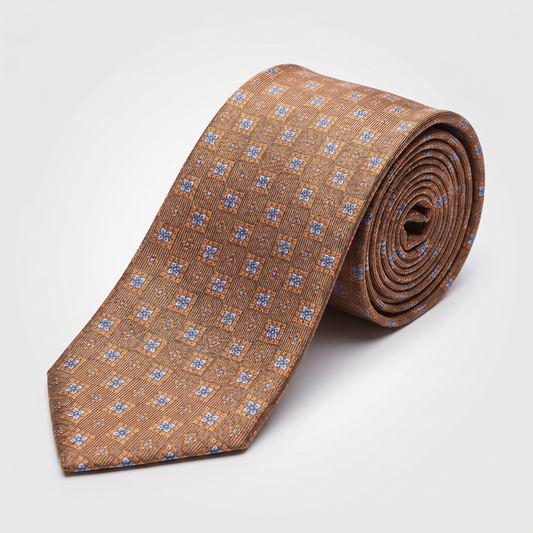 Krawatte Braun Orange Medallion reine Seide - Made in Italy