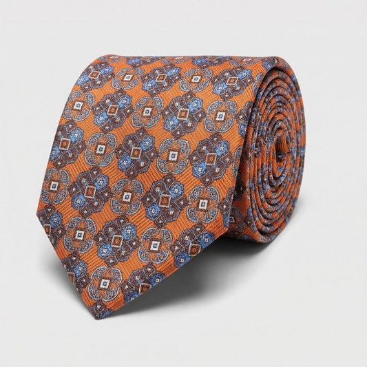 Krawatte Orange Medallion reine Seide - Made in Italy