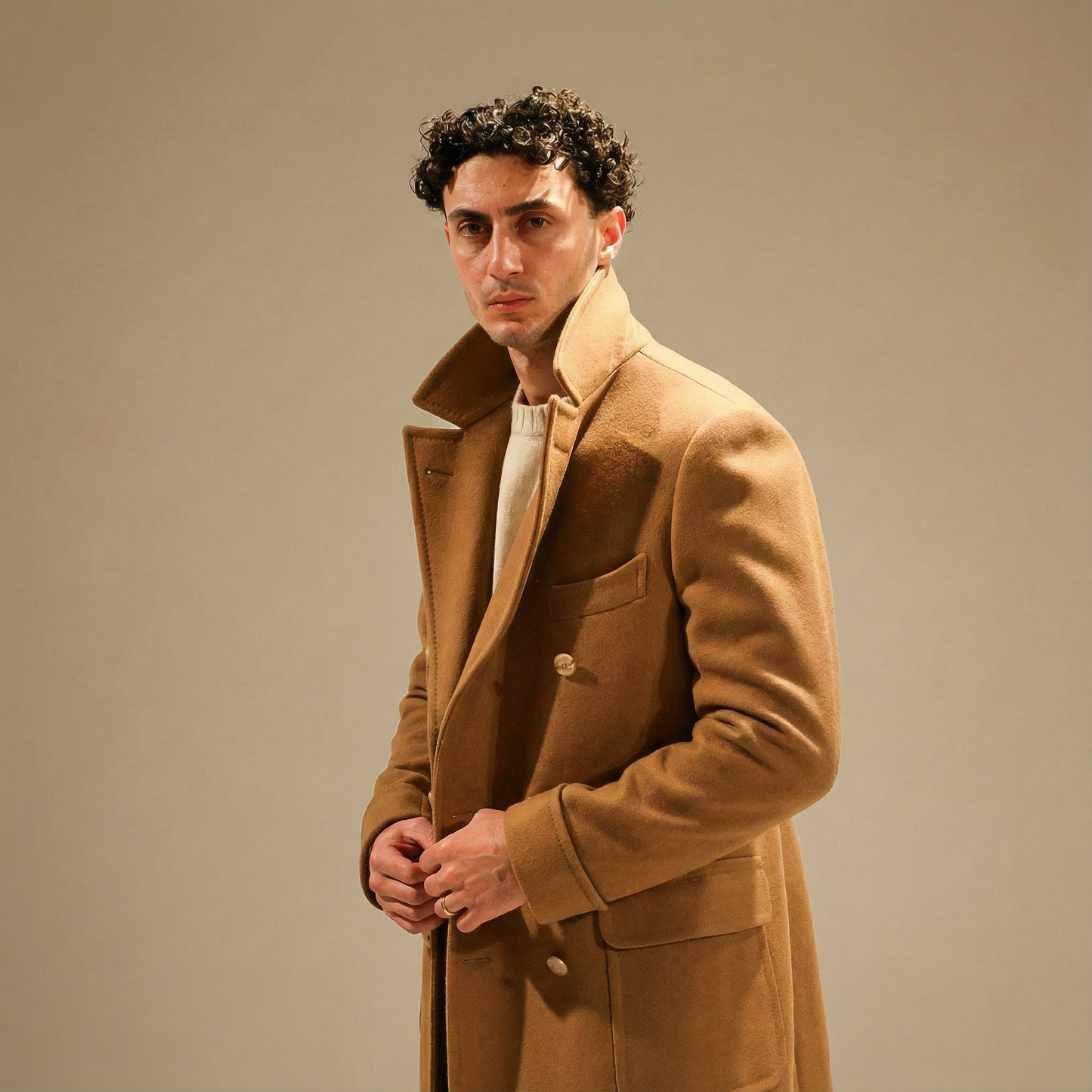 Wollmantel Beige Zweireiher