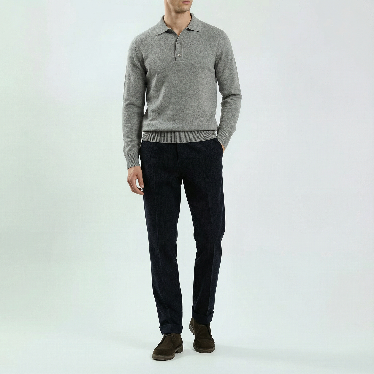 Polo Langarm Grey reine Merinowolle Made in Italy