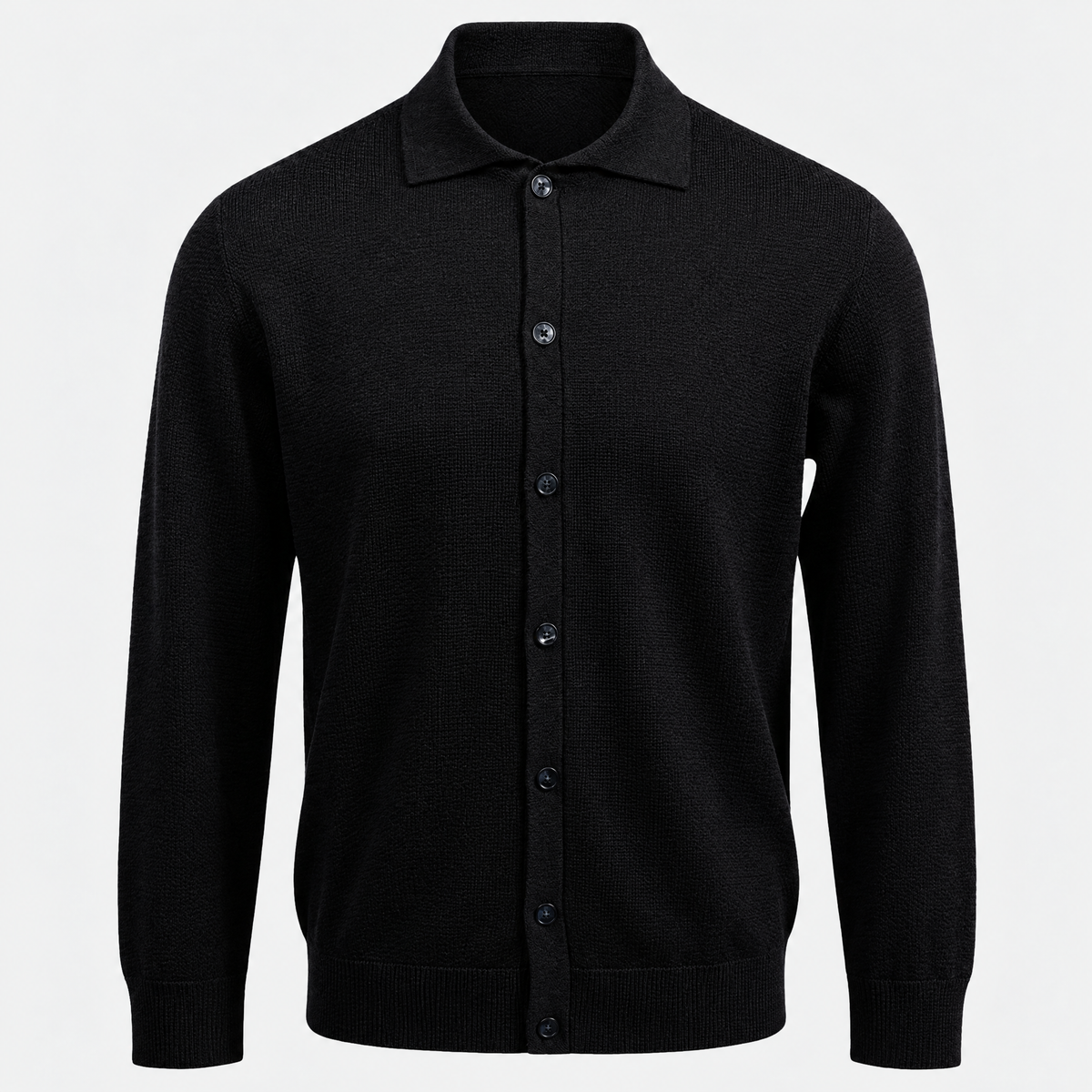 Strickjacke Hemdkragen Black Merinowolle Made in Italy