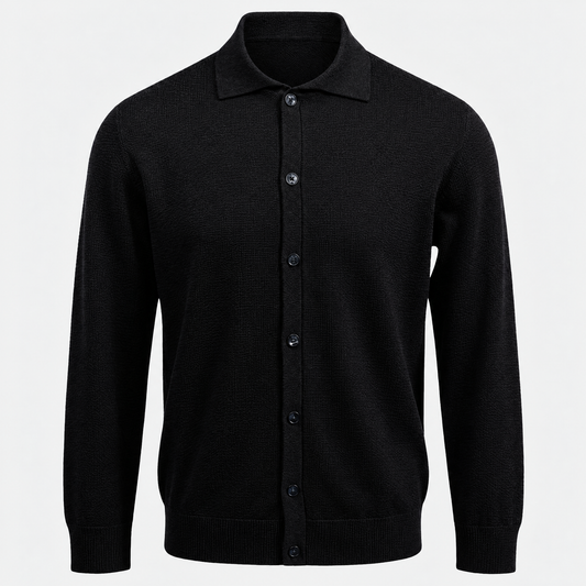 Strickjacke Hemdkragen Black Merinowolle Made in Italy