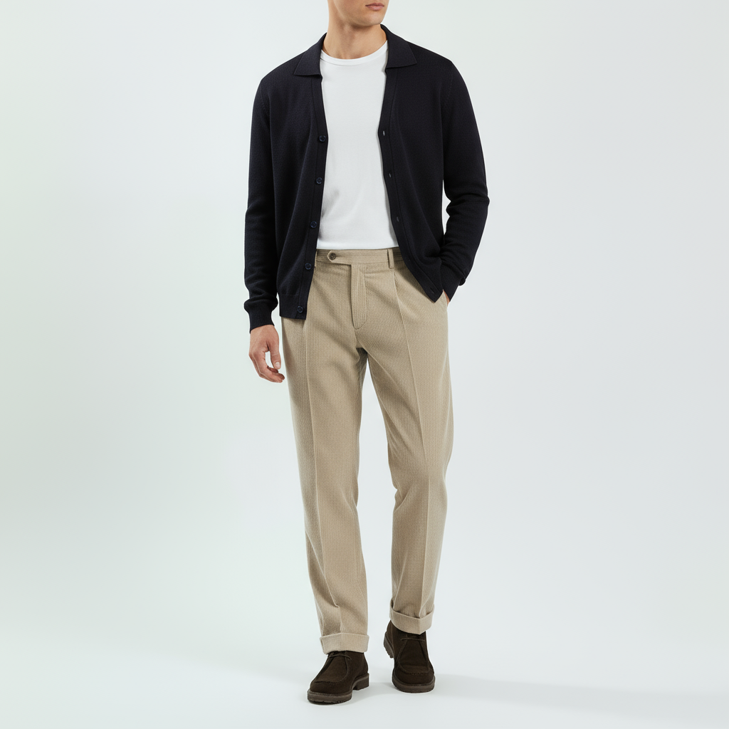 Strickjacke Hemdkragen Navy Merinowolle Made in Italy