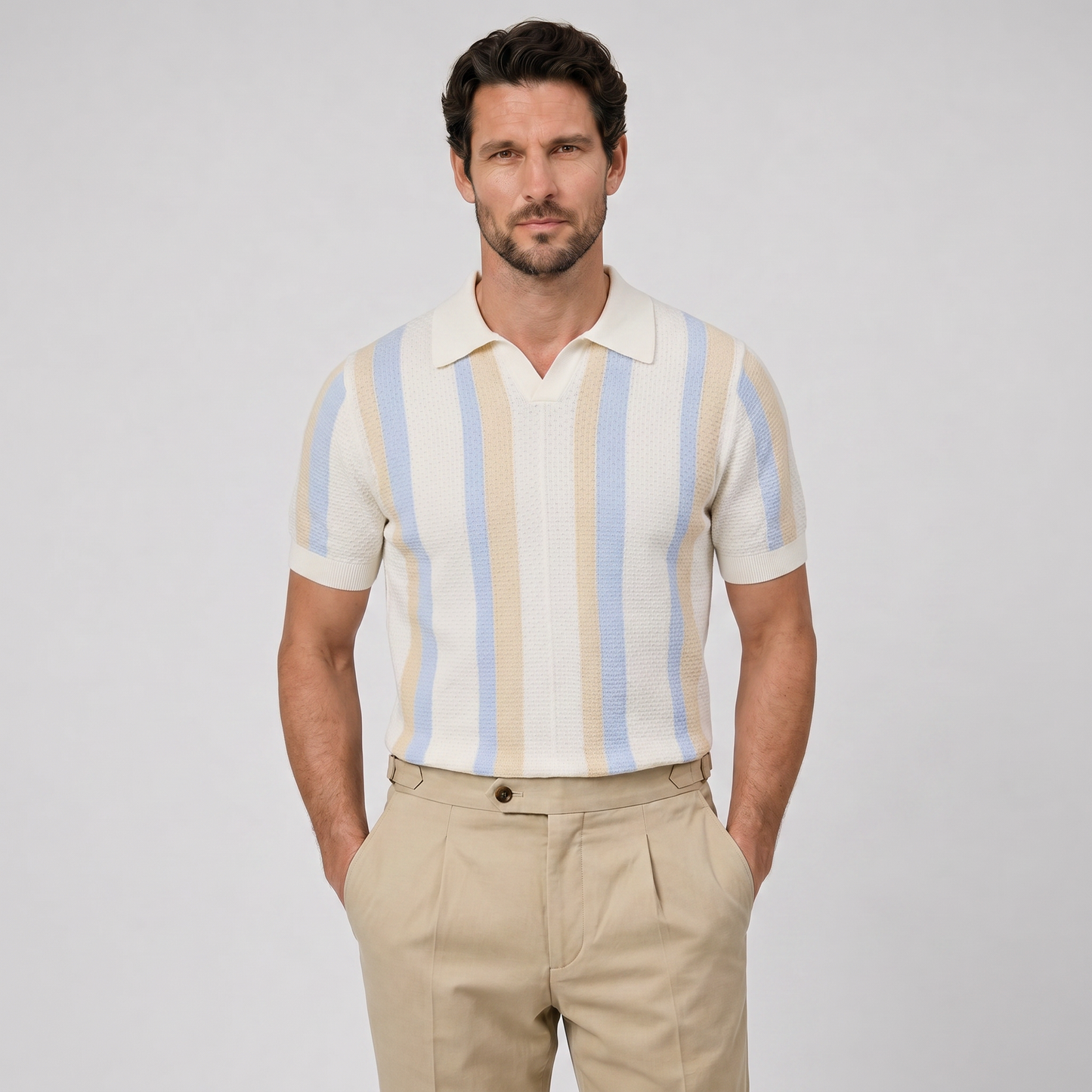 Stenströms Polo Shirt Knitted Gestreift Hemp Cotton Off White