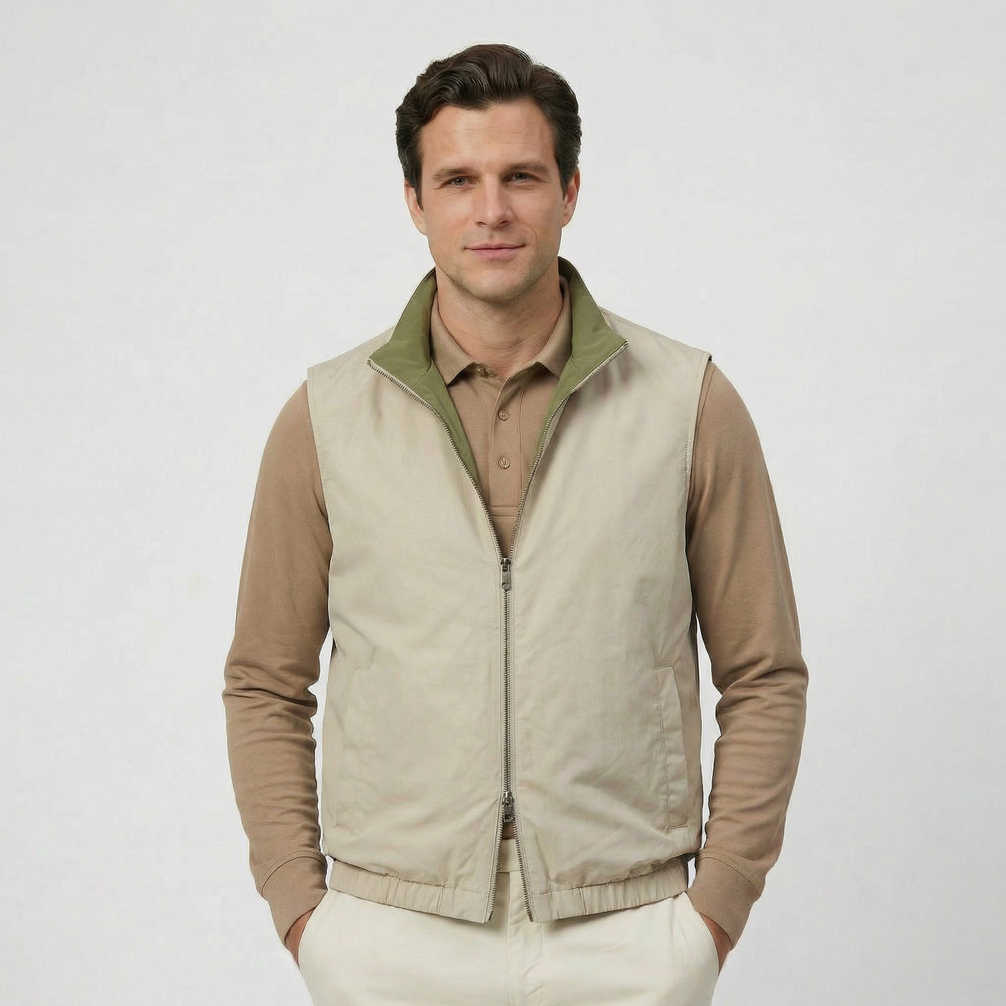 Reversible Zip Weste Beige/Olive