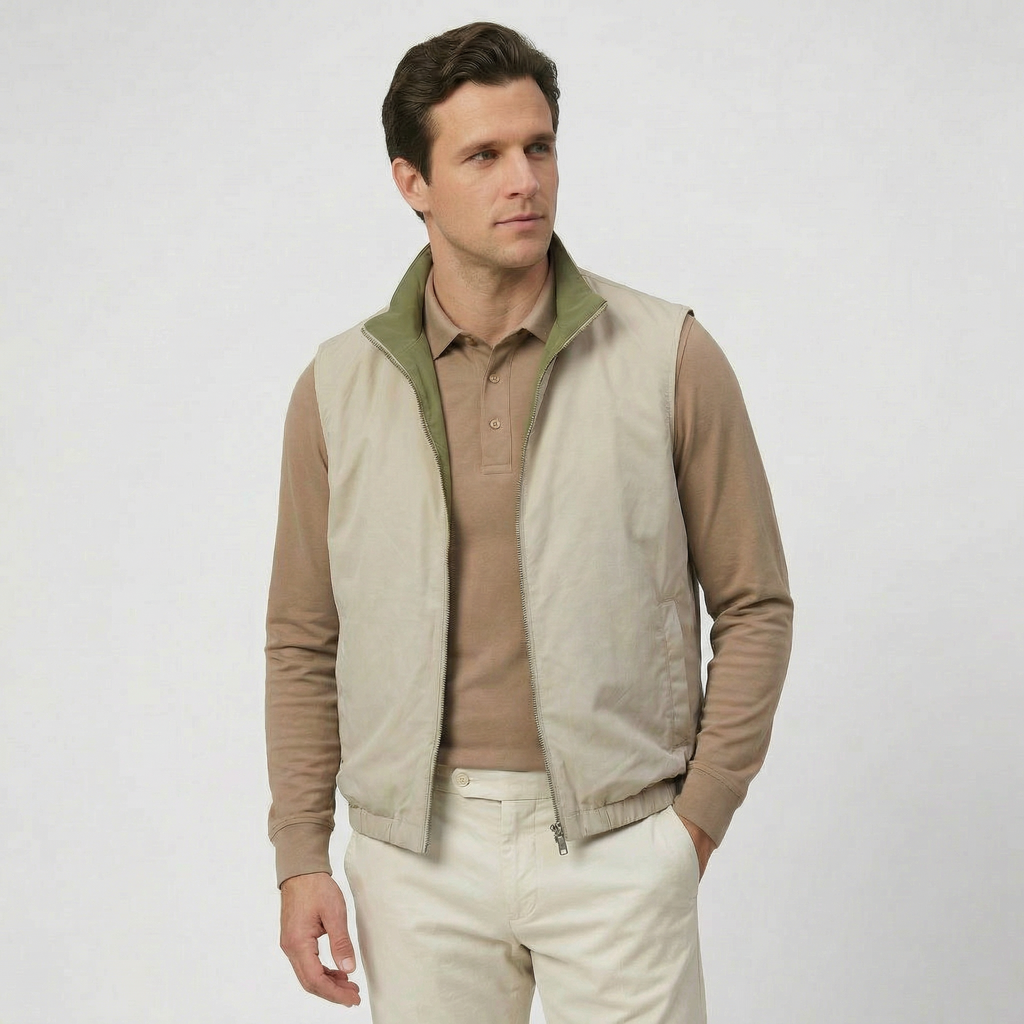 Reversible Zip Weste Beige/Olive